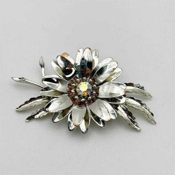 Vintage Silver Tone Textured Floral Brooch Pin Aurora Borealis Rhinestones - Picture 2 of 4